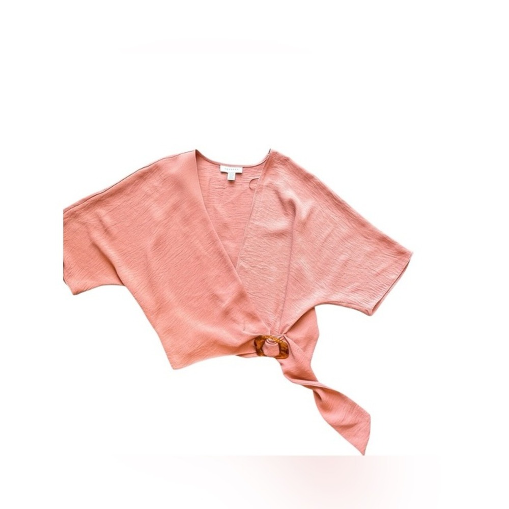 70s Vintage Boho Topshop Mauve Pink Textured Wrap Blouse Tortoise O Ring Shirt 4